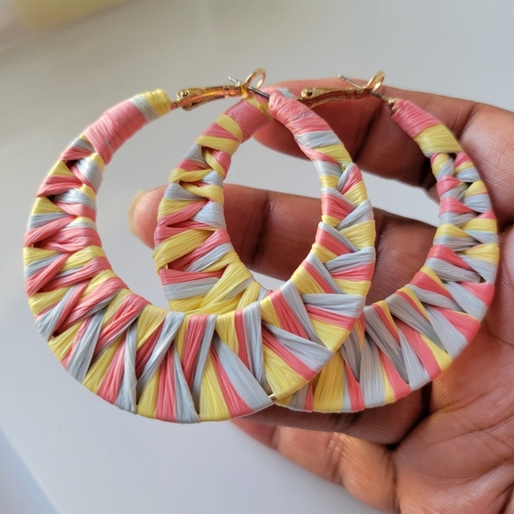 Colorful Hoop Earrings • Yellow, Salmon & Blue - Picture 1 of 5